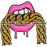Lips Mouth Teeth Bite Biting Gold Chain Necklace Design Element Dripping Face Sexy Position Gangster Grill Thug Mean Bling Jewelry Woman Female Girl Head Cartoon Character Mascot Creation Create Art Artwork Creator Business Company Logo Clipart SVG