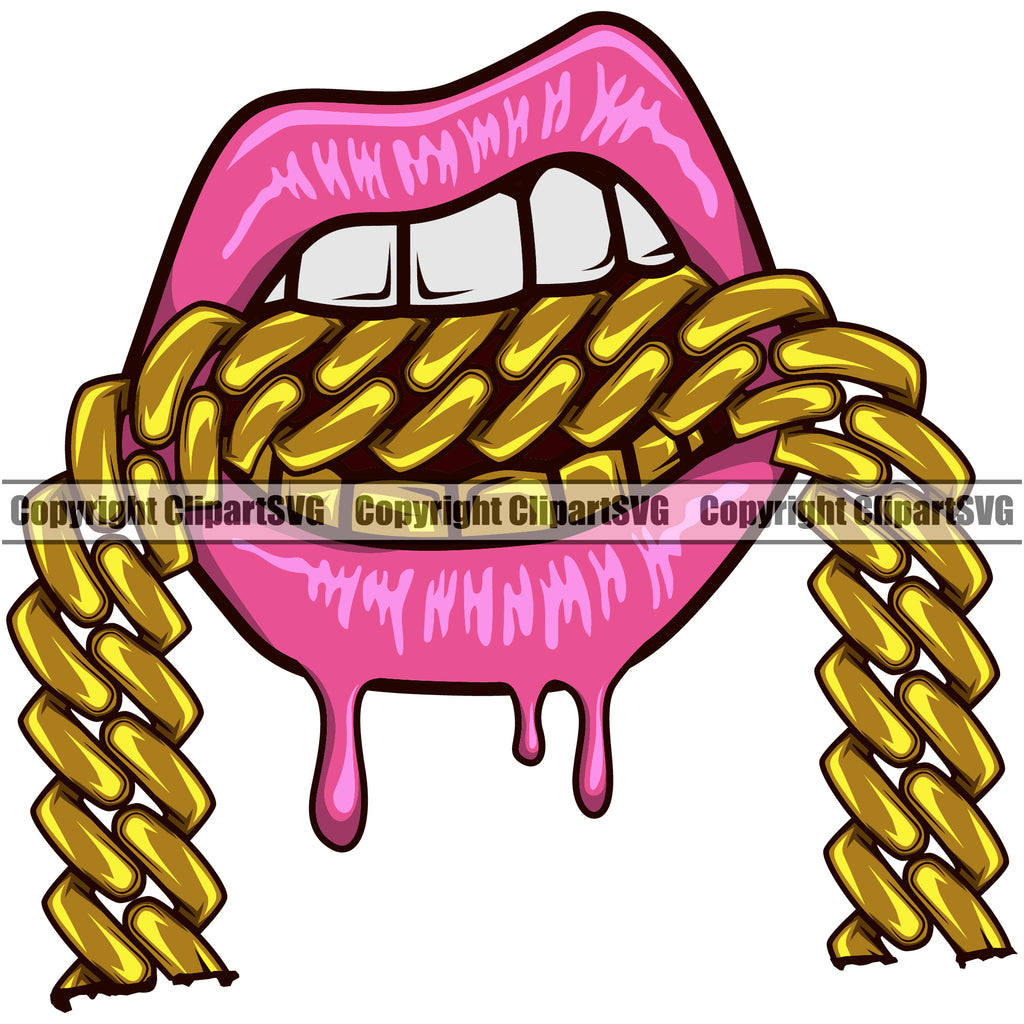 Lips Mouth Teeth Bite Biting Gold Chain Necklace Dripping Design Element Face Sexy Position Head Cartoon Character Mascot Creation Create Art Artwork Creator Company  Gangster Grill Thug Mean Mug Bling Jewelry Woman Female Girl Lady Logo Clipart SVG