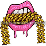 Lips Mouth Teeth Bite Biting Gold Chain Necklace Dripping Design Element Face Sexy Position Head Cartoon Character Mascot Creation Create Art Artwork Creator Company  Gangster Grill Thug Mean Mug Bling Jewelry Woman Female Girl Lady Logo Clipart SVG