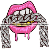 Lips Mouth Teeth Bite Biting Silver Diamond Chain Necklace Design Element Face Mug Gangster Grill Bling Jewelry Woman Female Girl Lady Mouth Position Head Cartoon Character Mascot Creation Create Art Artwork Creator Business Company Logo Clipart SVG