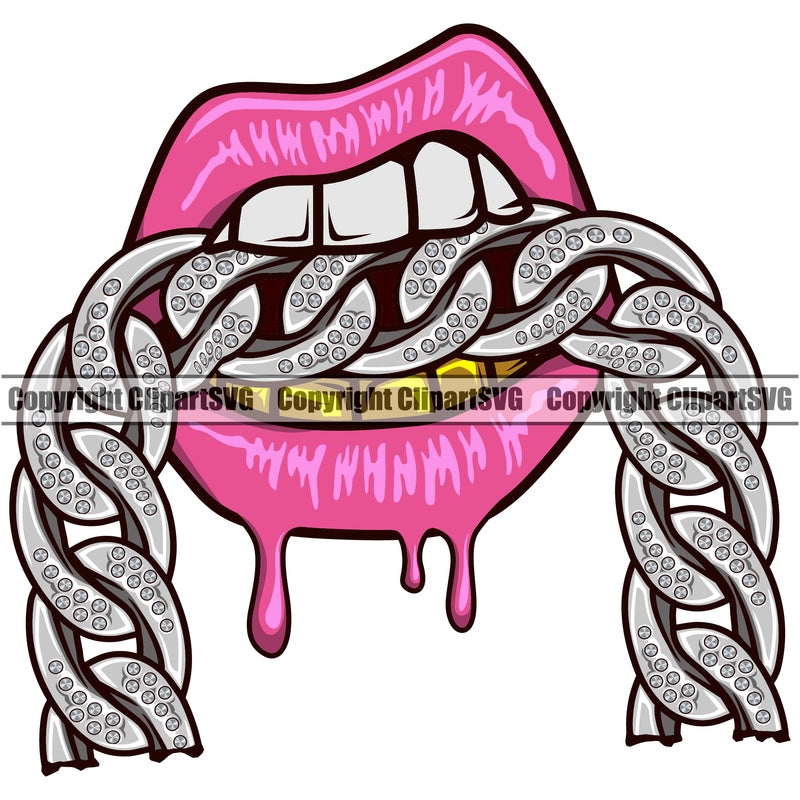 Lips Mouth Bite Biting Silver Diamond Chain Necklace Design Element Gold Teeth Face Sexy Position Head Gangster Grill Thug Mug Bling Woman Female Girl Lady Cartoon Mascot Creation Create Art Artwork Creator Business Company Logo Clipart SVG