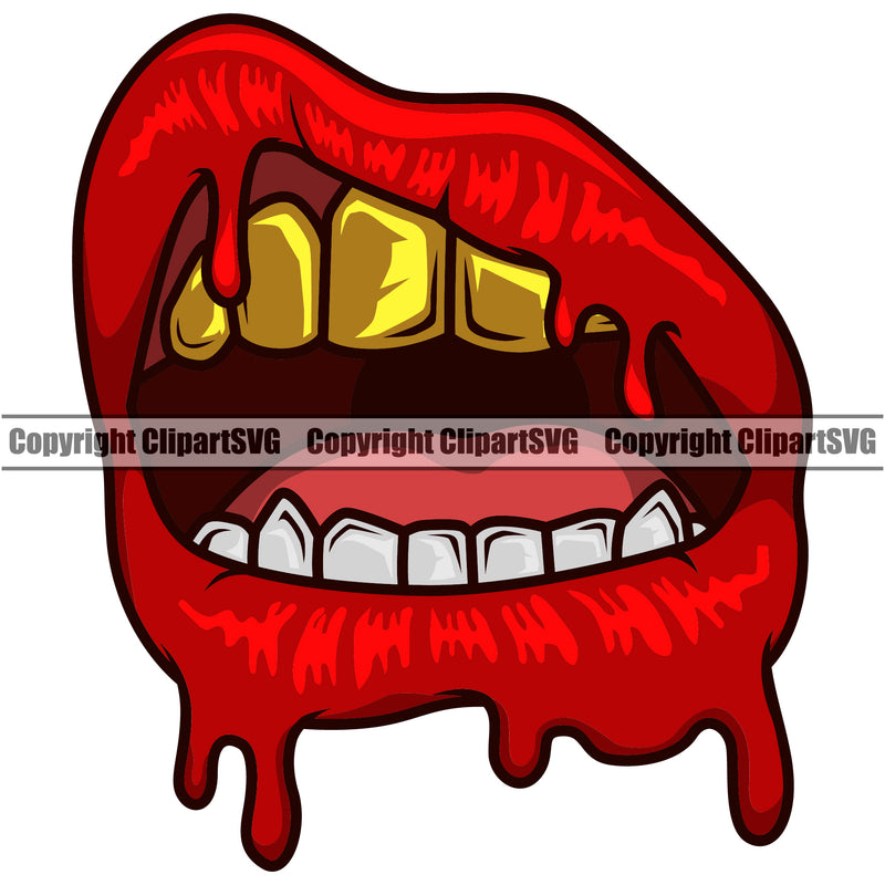 Lips Top Gold Teeth Design Element Face Sexy Mouth Position Head Gangster Grill Thug Mean Mug Bling Jewelry Woman Female Character Mascot Creation Create Art Artwork Creator Business Company Logo Clipart SVG
