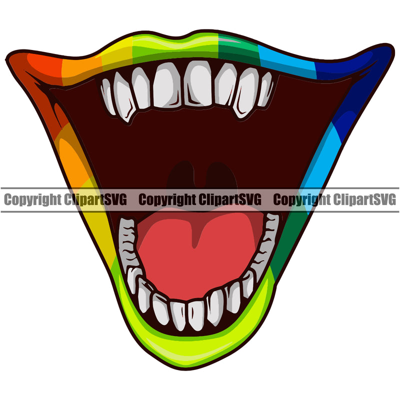 Lips Rainbow Color Lip Gay Lesbian LGBT Design Element Face Mouth Position Head Woman Female Girl Lady Male Man Boy Cartoon Character Mascot Creation Create Evil Sinister Grin Grinning Artwork Creator Business Company Logo Clipart SVG
