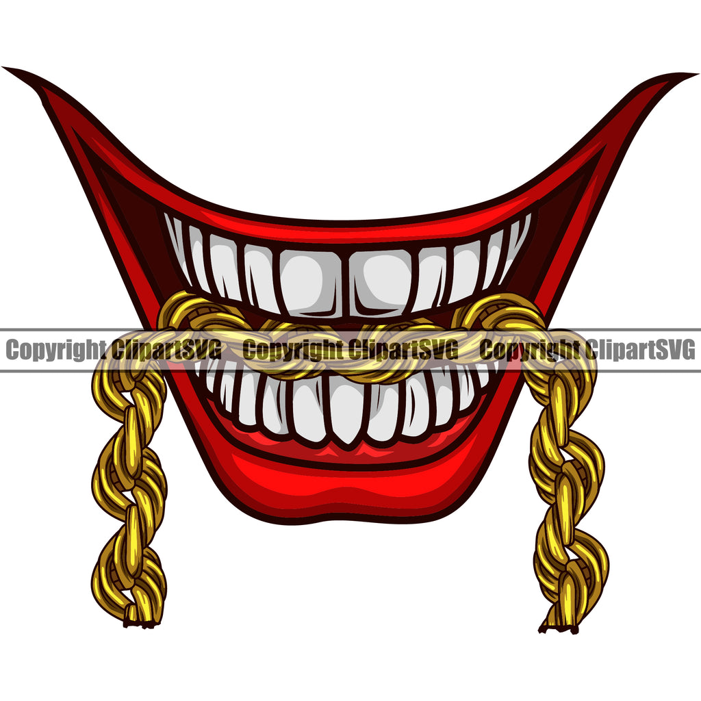 Lips Mouth Teeth Bite Biting Gold Chain Necklace Design Element Color Face Mouth Male Man Boy Position Head Evil Sinister Grin Grinning Cartoon Character Mascot Creation Create Art Creator Gangster Grill Thug Mean Company Logo Clipart SVG