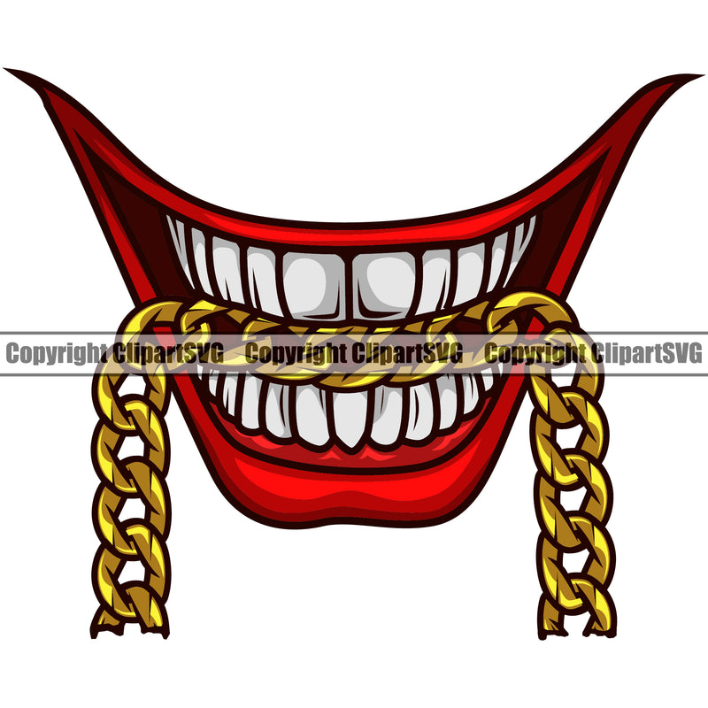 Lips Mouth Teeth Bite Biting Gold Chain Necklace Design Element Face Color Position Head Male Man Boy Cartoon Evil Sinister Grin Grinning Character Mascot Creation Create Art Artwork Creator Business Company Logo Clipart SVG
