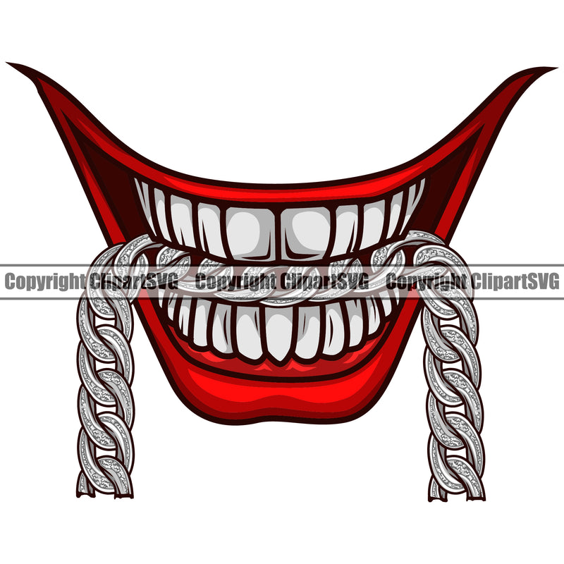 Lips Mouth Teeth Bite Biting Diamond Chain Necklace Design Element Face Mouth Position Male Man Boy Head Evil Sinister Grin Grinning Cartoon Character Mascot Creation Create Art Artwork Creator Business Company Logo Clipart SVG