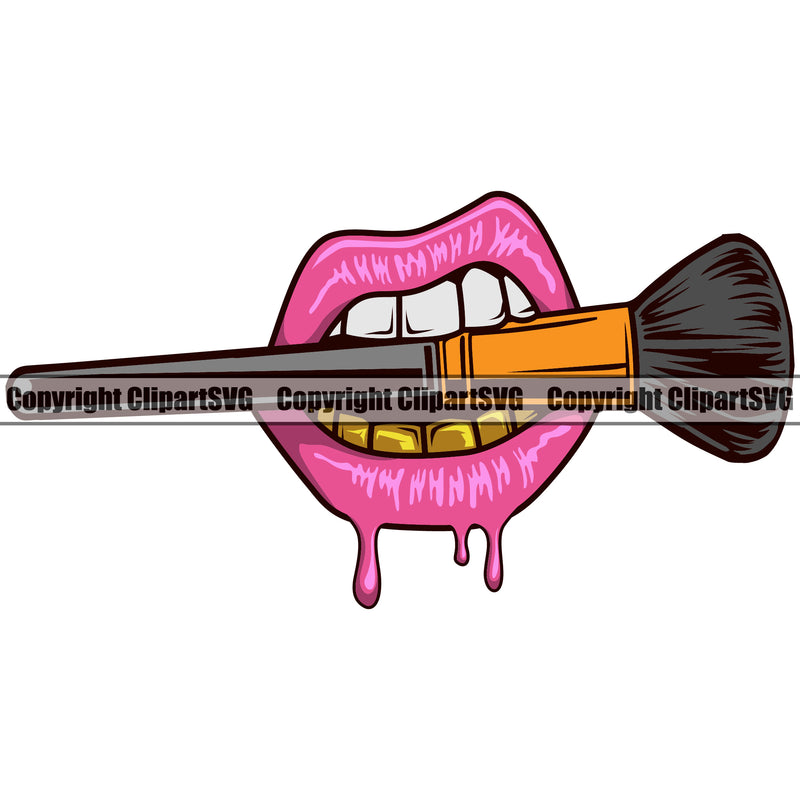Lips Mouth Teeth Bite Biting Makeup Brush Design Element Pink Color Lip Face Sexy Position Cartoon Gangster Grill Thug Mean Mug Bling Jewelry Woman Female Girl Lady Character Mascot Creation Create Art Artwork Creator Business Company Logo Clipart SVG