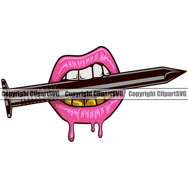 Lips Mouth Teeth Bite Biting Pink Color Lip Nail In Mouth Design Element Face Sexy Position Woman Female Girl Lady Cartoon Character Mascot Creation Create Art Artwork Creator Business Company Logo Clipart SVG