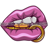 Lips Mouth Teeth Bite Biting Bullet Gold Ring Bottom Gold Teeth Design Element Face Sexy Position Head Cartoon Character Mascot Creation Create Art Artwork Creator Business Gangster Grill Thug Mean Mug Bling Jewelry Woman Female Girl Lady Logo Clipart SVG