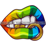 Lips Rainbow Gay Lesbian LGBT Color Bottom Gold Teeth Ring Lip Design Element Face Sexy Mouth Head Cartoon Character Mascot Gangster Grill Thug Mean Mug Bling Jewelry Woman Female Girl Lady Create Art Artwork Creator Business Company Logo Clipart SVG