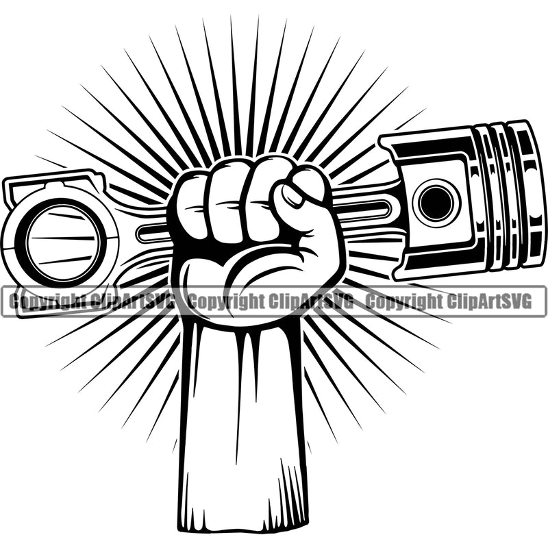 Hand Holding Piston Sun Shine Background Design Element Mechanic Engine Auto Repair Automotive Service Car Truck Motorcycle Technician Garage Shop Vehicle Company Business Logo Clipart SVG