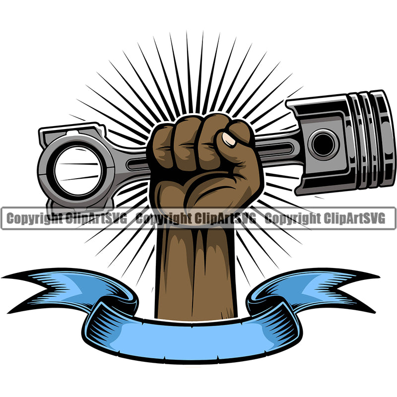 Hand Holding Piston Background Sun Shine Vector Mechanic Engine Auto Repair Automotive Service Car Truck Motorcycle Technician Garage Shop Vehicle Maintenance Design Element Company Business Logo Clipart SVG