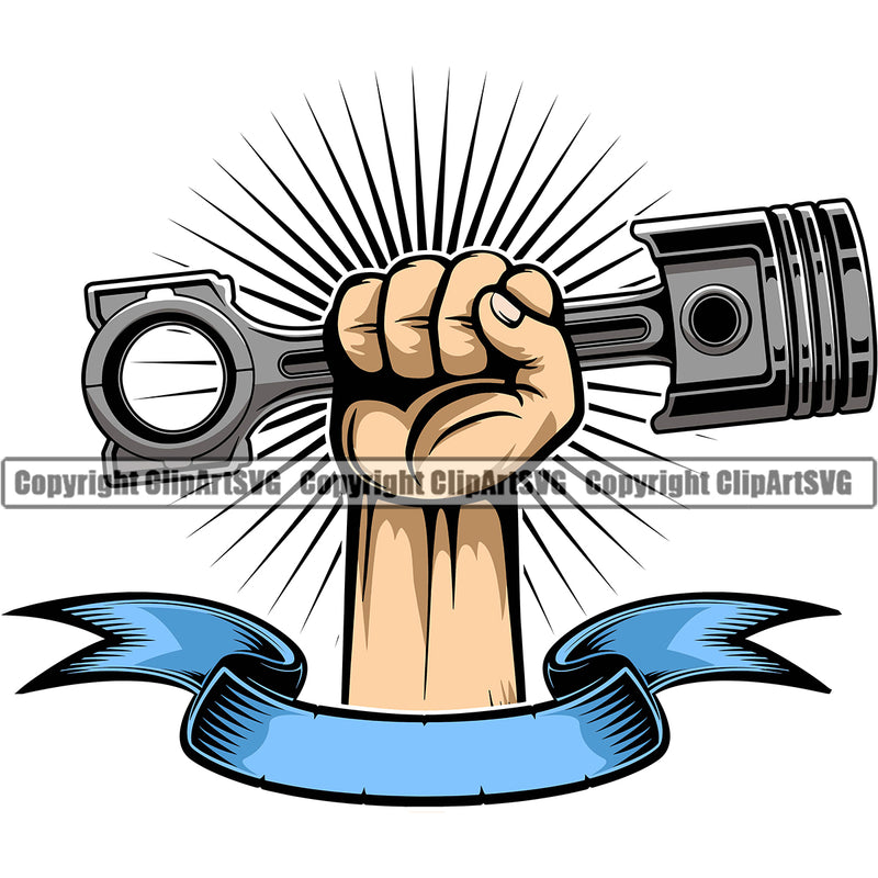 Hand Holding Piston Hand Power Sun Shine Background Vector Design Element Mechanic Engine Auto Repair Automotive Service Car Truck Motorcycle Technician Garage Shop Vehicle Maintenance Company Business Logo Clipart SVG