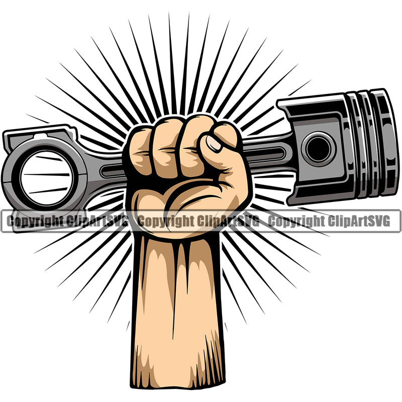 Hand Holding Piston African American Man Arm Design Element Mechanic Engine Auto Repair Automotive Service Car Truck Motorcycle Technician Garage Shop Vehicle Maintenance Company Business Logo Clipart SVG