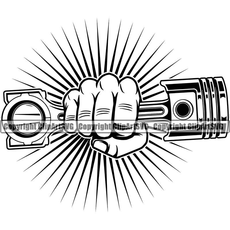 Hand Holding Piston Sunshine Punch Arms Vector Mechanic Engine Auto Repair Automotive Service Car Truck Motorcycle Technician Garage Shop Vehicle Maintenance Design Element Company Business Logo Clipart SVG