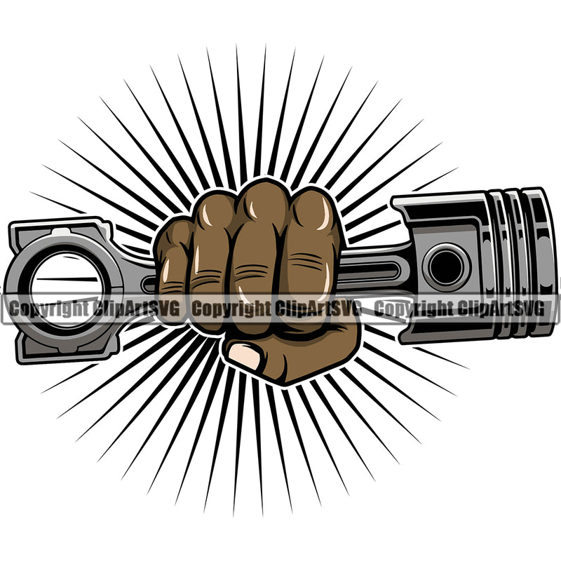 Hand Holding Piston African Arms Punch Sunshine Background Mechanic Engine Auto Repair Automotive Service Car Truck Motorcycle Technician Garage Shop Vehicle Maintenance Design Element Company Business Logo Clipart SVG