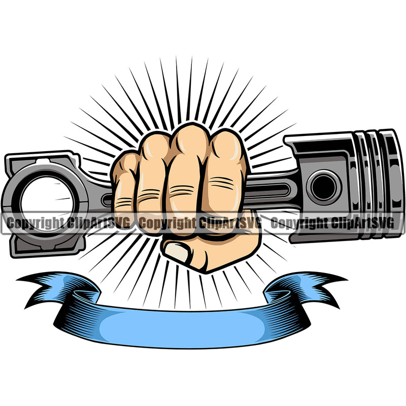Hand Holding Piston Sun Shine Background Punch Arms Vector Mechanic Engine Auto Repair Automotive Service Car Truck Motorcycle Technician Garage Shop Vehicle Maintenance Design Element Company Business Logo Clipart SVG