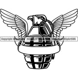 Black And White Hand Grenade Explosive With Wings Vector Design Element Military Army Soldier War Uniform Veteran USA US Patriot Service Battle Flag American Patriotic Patriotism Art Logo Clipart SVG