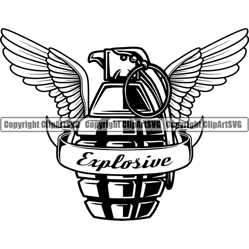Explosive Quote Black And White Hand Grenade With Wings Vector Design Element BW Military Army Soldier War Uniform Veteran USA US Patriot Service Battle Flag American Patriotic Patriotism Art Logo Clipart SVG