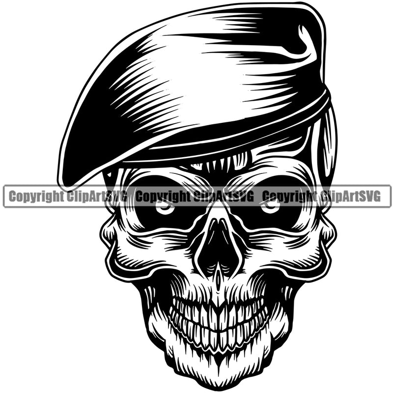 Skull Skeleton Head Military Army Soldier Soldier Beret Vector Design Element War Uniform Veteran USA US Patriot Service Battle Flag American Patriotic Patriotism Art Logo Clipart SVG