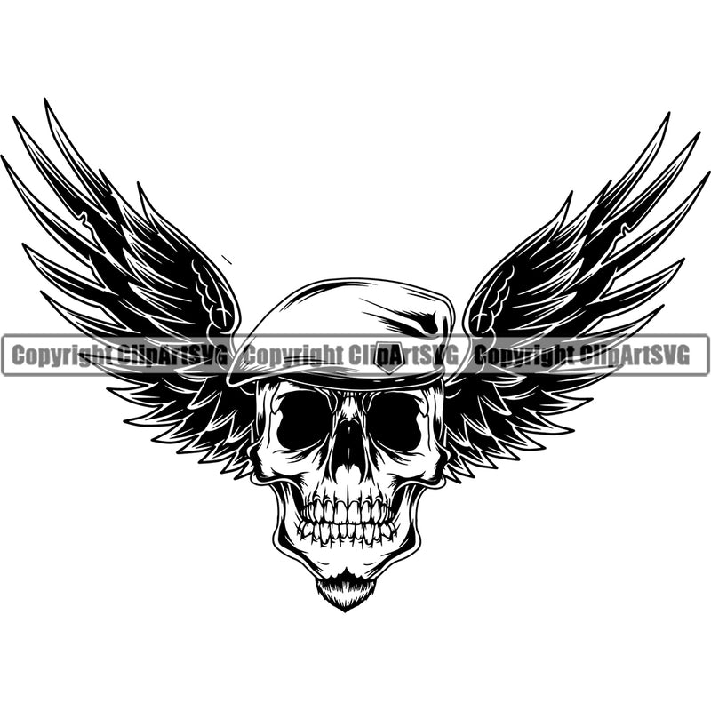 Black And White Skull Skeleton Head With Wings Vector Design Element Military Army Soldier War Uniform Veteran USA US Patriot Service Battle Flag American Patriotic Patriotism Art Logo Clipart SVG