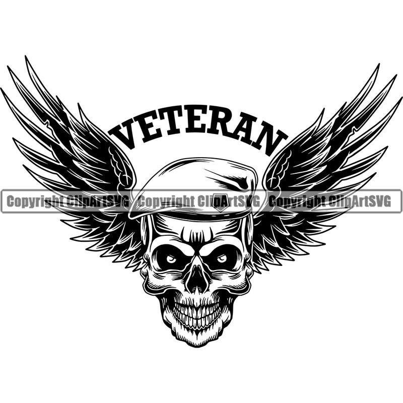Veteran Quote Black And White Skull Skeleton Head With Wings Vector Design Element Military Army Soldier War Uniform Veteran USA US Patriot Service Battle Flag American Patriotic Patriotism Art Logo Clipart SVG