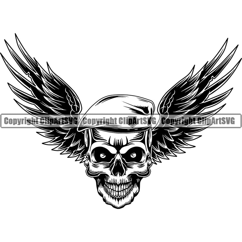 Black And White Skull Skeleton Head Wearing Hat With Wings Vector Design Element Military Army Soldier War Uniform Veteran USA US Patriot Service Battle Flag American Patriotic Patriotism Art Logo Clipart SVG
