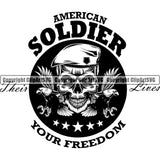 American Soldier Your Freedom Quote Skull Skeleton Head On Circle Design Element Military Army Soldier War Uniform Veteran USA US Patriot Service Battle Flag American Patriotic Patriotism Art Logo Clipart SVG