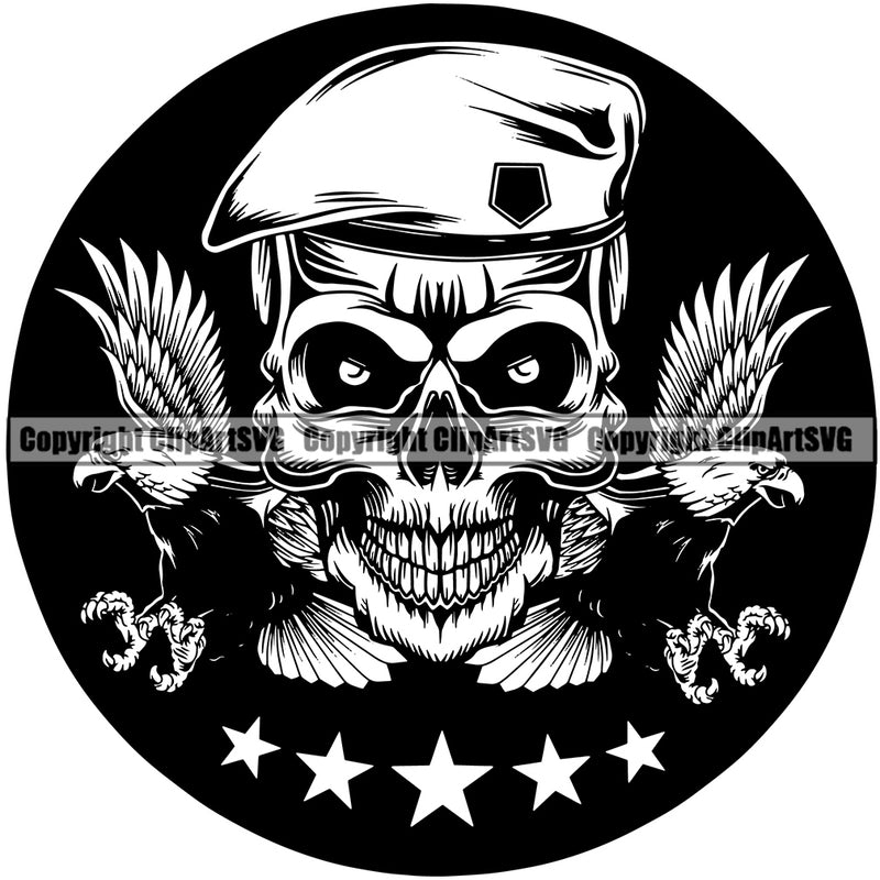 Skull Head Wearing Cap Military Soldier Beret With Eagle Logo Design Element Black And White Army Soldier War Uniform Veteran USA US Patriot Service Battle Flag American Patriotic Patriotism Art Logo Clipart SVG