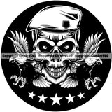 Skull Head Wearing Cap Military Soldier Beret With Eagle Logo Design Element Black And White Army Soldier War Uniform Veteran USA US Patriot Service Battle Flag American Patriotic Patriotism Art Logo Clipart SVG