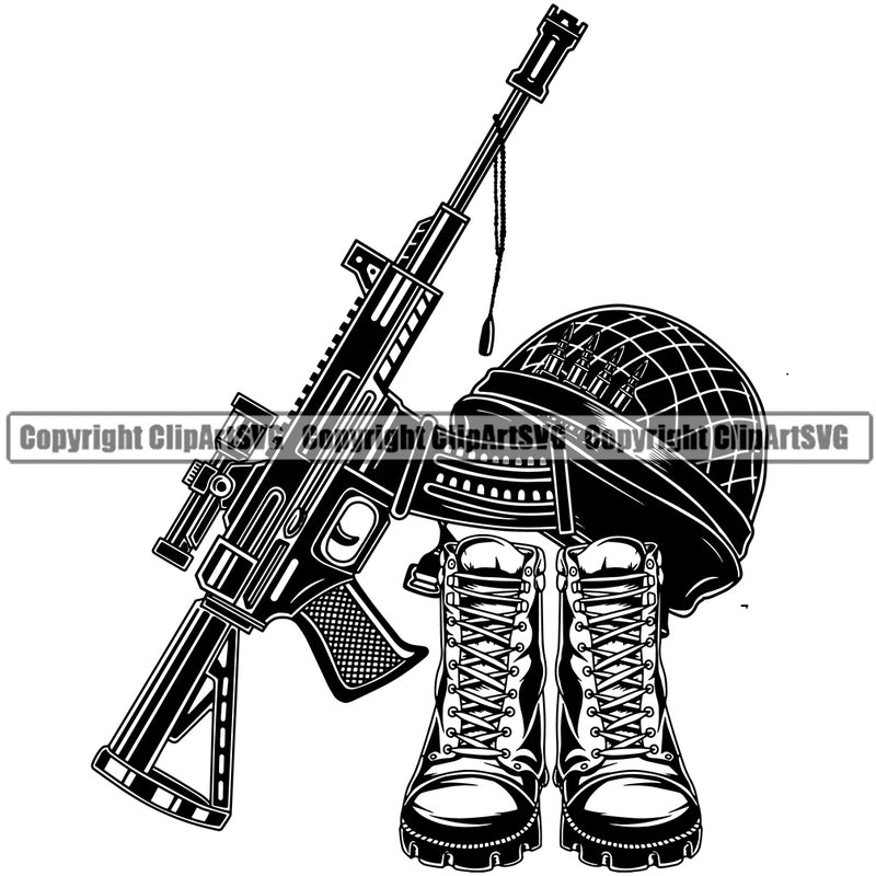 Black And White Military Helmet Boot And Gun Design Element Army Soldier War Uniform Veteran USA US Patriot Service Battle Flag American Patriotic Patriotism Art Logo Clipart SVG
