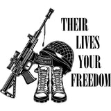 Their Lives Your Freedom Color Quote Black And White Military Helmet Boat And Gun Design Element Army Soldier War Uniform Veteran USA US Patriot Service Battle Flag American Patriotic Patriotism Art Logo Clipart SVG