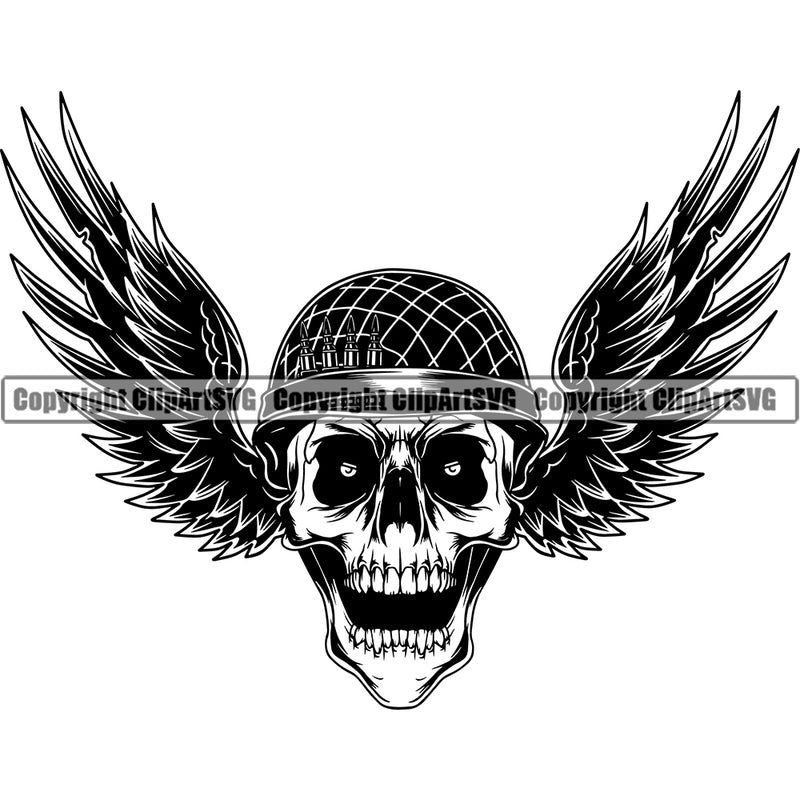 Angry Face Skull Skeleton On Wings Vector Design Element Military Army Soldier War Uniform Veteran USA US Patriot Service Battle Flag American Patriotic Patriotism Art Logo Clipart SVG