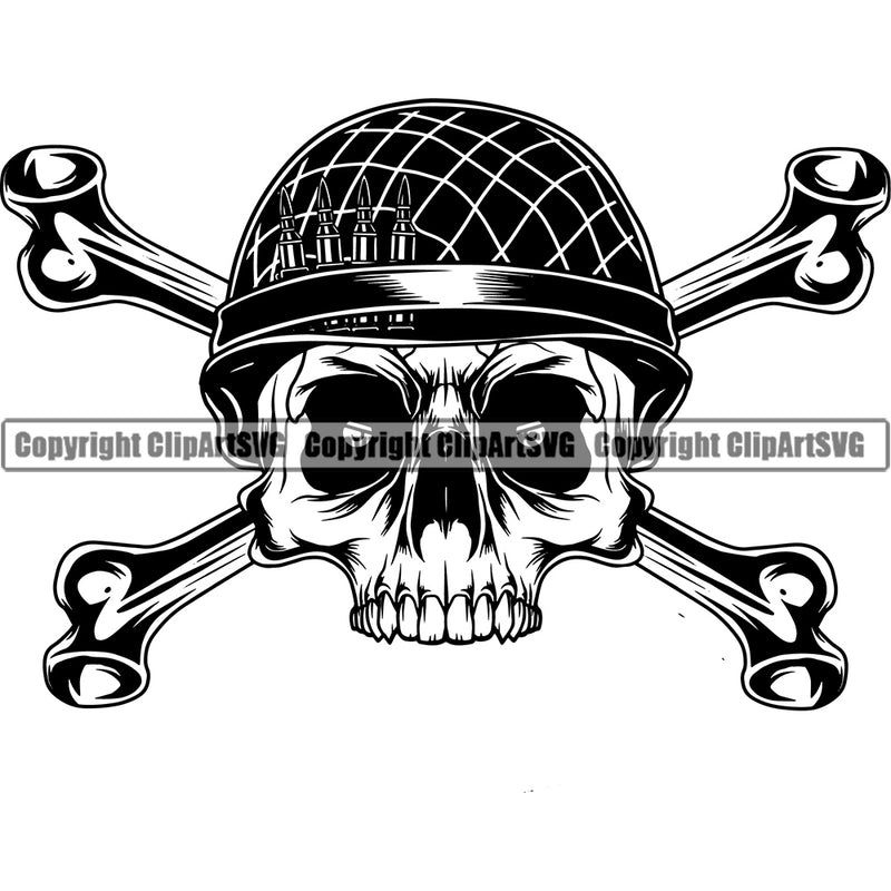 Black And White Skull Skeleton Head With Cross Bone Design Element Military Army Soldier War Uniform Veteran USA US Patriot Service Battle Flag American Patriotic Patriotism Art Logo Clipart SVG
