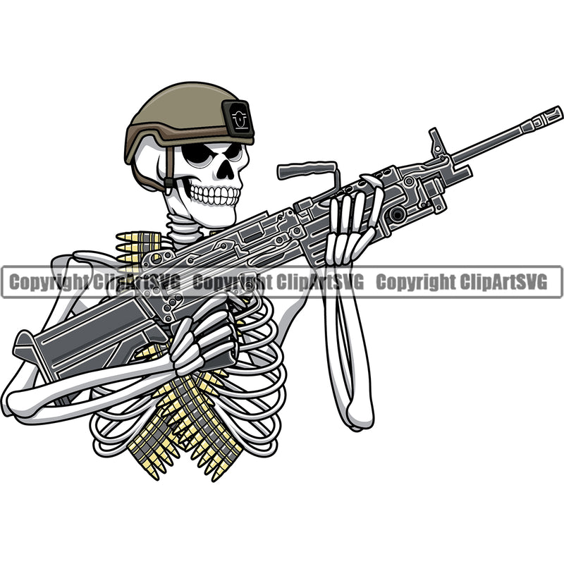 Black And White Skull Skeleton Holding Machine Gun Vector Military Army Soldier War Uniform Veteran USA US Patriot Service Battle Flag American Patriotic Patriotism Art Logo Clipart SVG