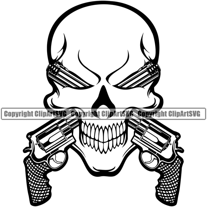Skull Skeleton Head And Pistol Design Element Military Army Soldier War Uniform Veteran USA US Patriot Service Battle Flag American Patriotic Patriotism Art Logo Clipart SVG