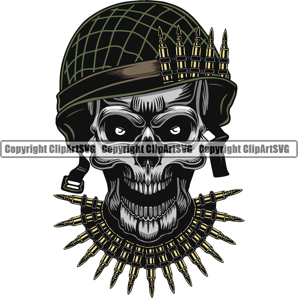 Skull Skeleton Head Bullet On Helmet And Body Color Design Element Military Army Soldier War Uniform Veteran USA US Patriot Service Battle Flag American Patriotic Patriotism Art Logo Clipart SVG