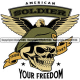 American Soldier Your Freedom Quote Skull Skeleton Head And Eagle Wings Design Element Military Army Soldier War Uniform Veteran USA US Patriot Service Battle Flag American Patriotic Patriotism Art Logo Clipart SVG