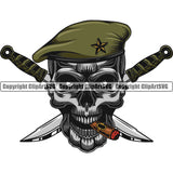 Skull Skeleton Silver Beret Hat Smoking Design Element Crossed Knife Military White Background Army Soldier War Uniform Veteran USA US Patriot Service Battle Flag American Patriotic Patriotism Art Logo Clipart SVG