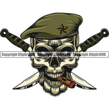 Skull Skeleton Green Beret Hat Smoking Design Element Crossed Knife Military Army Soldier War Uniform Veteran USA US Patriot Service Battle Flag American Patriotic Patriotism Art Logo Clipart SVG