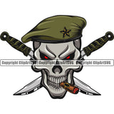 Skull Skeleton Red Eyes Silver Beret Hat Smoking Design Element Crossed Knife Military White Background Army Soldier War Uniform Veteran USA US Patriot Service Battle Flag American Patriotic Patriotism Art Logo Clipart SVG