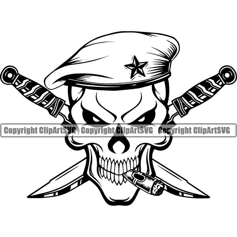 Black And White Skull Skeleton  Beret Hat Smoking Design Element Crossed Knife Military Army Soldier War Uniform Veteran USA US Patriot Service Battle Flag American Patriotic Patriotism Art Logo Clipart SVG