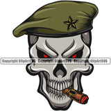 Skull Skeleton Smoking Red Eyes Silver Color Design Element Military Army Soldier War White Background Uniform Veteran USA US Patriot Service Battle Flag American Patriotic Patriotism Art Logo Clipart SVG