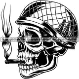 Black And White Skull Skeleton Smoking Wearing Helmet On Bullet Design Element Military Army Soldier War Uniform Veteran USA US Patriot Service Battle Flag American Patriotic Patriotism Art Logo Clipart SVG