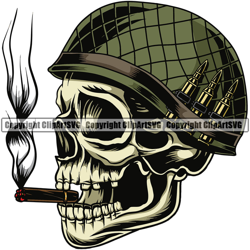 Skull Skeleton Smoking Wearing Helmet On Bullet Vector Color Design Element Military Army Soldier War Uniform Veteran USA US Patriot Service Battle Flag American Patriotic Patriotism Art Logo Clipart SVG