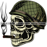 Skull Skeleton Smoking Wearing Helmet On Bullet Vector Color Design Element Military Army Soldier War Uniform Veteran USA US Patriot Service Battle Flag American Patriotic Patriotism Art Logo Clipart SVG