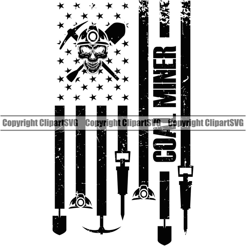 Mining Miner Mine Coal Mineral Industry Mining Coal Cart Lantern Pick Axe Shovel Skull USA Flag United State Flag Black Color Design Element Equipment Industrial Machine Machinery Dig Construction Supplement Art Design Logo Clipart SVG