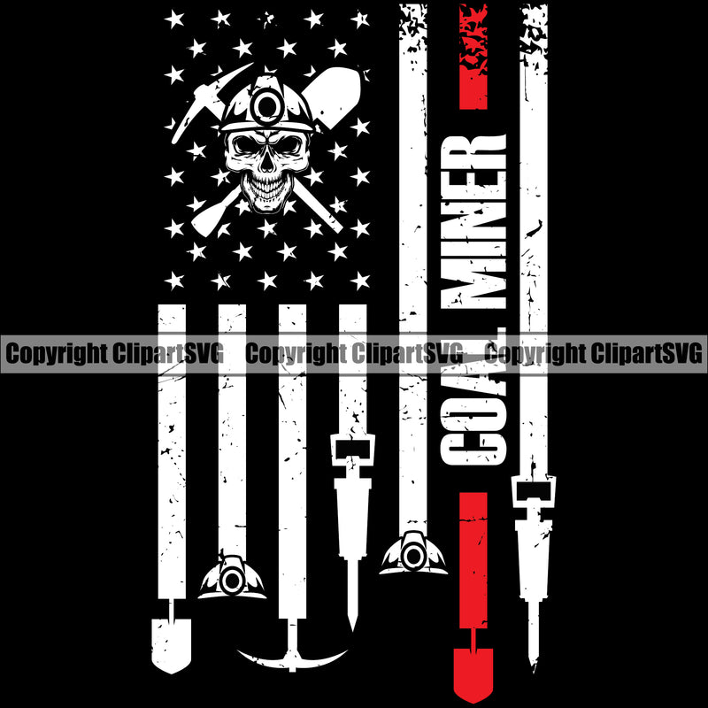 Mining Miner Mine Coal Mineral Industry Mining Cart Lantern Pick Axe Shovel Coal Quote Text Skull USA Flag United State Black Color Equipment Industrial Machine Machinery Dig Construction Supplement Art Design Logo Clipart SVG