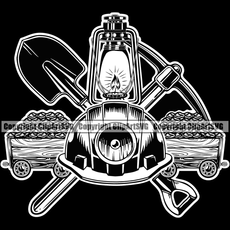 Mining Miner Mine Coal Mineral Mining Life Cart Lantern Pick Axe Shovel Black Color Logo Design Element Industry Equipment Industrial Machine Machinery Dig Construction Supplement Art Design Logo Clipart SVG
