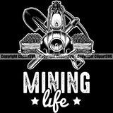 Mining Miner Mine Coal Mineral Industry Mining Life Cart Lantern Pick Axe Shovel Quote Text Black Color Background Design Element Equipment Industrial Machine Machinery Dig Construction Supplement Art Design Logo Clipart SVG